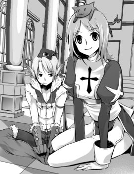 1boy 1girl animal animal_on_head book book_on_head breasts cat cat_on_head cigarette closed_mouth commentary_request crop_top dress full_body fur-trimmed_gloves fur-trimmed_shirt fur-trimmed_shorts fur_trim garter_straps gloves greyscale high_priest_(ragnarok_online) indoors juliet_sleeves long_sleeves looking_at_viewer medium_breasts monochrome object_on_head on_head pants_under_shorts puffy_sleeves ragnarok_online rideword_(ragnarok_online) riuhi sash shirt short_hair shorts sitting sleeveless sleeveless_shirt smile smoking sniper_(ragnarok_online) thighhighs two-tone_dress two-tone_shirt window