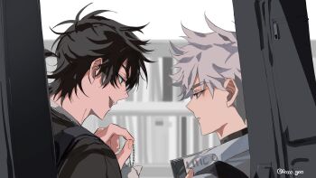 2boys :d antenna_hair black_eyes black_hair black_shirt blue_eyes bookshelf cd cheng_xiaoshi collared_shirt foooo_goo grey_hair grey_shirt guitar_case hair_between_eyes hashtag-only_commentary highres holding holding_cd holding_toy indoors instrument_case looking_at_another lu_guang male_focus messy_hair multiple_boys open_mouth ponytail profile shiguang_dailiren shirt short_hair short_ponytail smile spiked_hair talking toy twitter_username upper_body white_hair