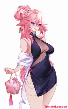 1girl alternate_costume animal_ears artist_name bag bare_shoulders black_dress blush breasts commentary cowboy_shot dress fingernails flower fox_ears genshin_impact hair_between_eyes hair_flower hair_ornament hand_on_own_hip handbag jewelry long_hair looking_at_viewer medium_breasts nail_polish open_mouth paid_reward_available parted_lips pink_bag pink_flower pink_hair purple_eyes purple_nails see-through_clothes see-through_dress simple_background sleeveless sleeveless_dress smile solo tassel tomatolaccoon very_long_hair white_background yae_miko