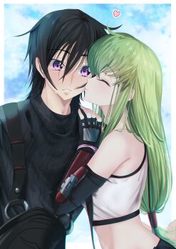 1boy 1girl ^_^ absurdres bare_shoulders black_gloves black_hair black_sweater blue_sky blush budgiepon c.c. closed_eyes cloud_strife cloud_strife_(cosplay) code_geass cosplay couple cropped_shirt elbow_gloves eyelashes eyes_visible_through_hair final_fantasy final_fantasy_vii final_fantasy_vii_remake fingerless_gloves gloves green_hair hair_between_eyes hand_on_another's_shoulder heart hetero highres kiss kissing_cheek lelouch_vi_britannia long_hair nose parted_lips profile purple_eyes shirt short_hair sidelocks simple_background sky straight_hair surprised sweat sweater tifa_lockhart tifa_lockhart_(cosplay) upper_body very_long_hair white_shirt