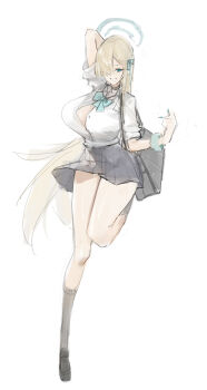 1girl asuna_(blue_archive) asuna_(school_uniform)_(blue_archive) bag black_shoes black_socks blonde_hair blue_archive blue_bow blue_bowtie blue_eyes blue_halo bow bowtie breasts button_gap e_baishui grey_skirt grin hair_over_one_eye hair_ribbon halo highres large_breasts long_hair looking_at_viewer ribbon school_bag scrunchie shirt shoes skirt sleeves_rolled_up smile socks solo thighs very_long_hair white_background white_shirt wrist_scrunchie