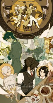 absurdres black_hair flat_color from_above hairband highres holding_hands multiple_views paper running shirt vest white_hair white_shirt xiabai