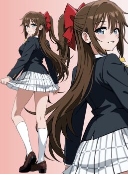 Rule 34 | 1girl, arms at sides, black jacket, blue eyes, bow, bowtie, breasts, brown hair, brown shoes, collared shirt, commentary request, from behind, full body, grin, hair bow, highres, jacket, kneepits, legs apart, loafers, long hair, long sleeves, looking at viewer, looking back, love live!, love live! nijigasaki high school idol club, medium breasts, miniskirt, nijigasaki school uniform, open mouth, osaka shizuku, plaid clothes, plaid skirt, pleated skirt, ponytail, red bow, red bowtie, school uniform, shirt, shoes, skirt, smile, socks, solo, standing, straight hair, tareme, teeth, very long hair, white shirt, white skirt, white socks, winter uniform, zaofeng, zoom layer
