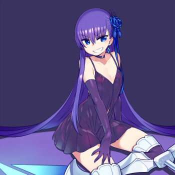 alternate_costume asymmetrical_bangs bare_shoulders black_background black_choker black_dress black_gloves black_thighhighs blue_flower blue_ribbon blue_rose chan_co choker clothing_cutout covered_groin dress earrings elbow_gloves fate/grand_order fate_(series) flat_chest flower gloves grin hair_behind_ear hair_between_eyes hair_flower hair_ornament hair_ribbon hand_on_own_thigh jewelry long_hair meltryllis_(fate) navel_cutout pleated_dress prosthesis prosthetic_leg revision ribbon rose short_dress simple_background single_earring sitting sleeveless sleeveless_dress smile spaghetti_strap straight_hair thighhighs v-shaped_eyebrows very_long_hair yokozuwari zettai_ryouiki