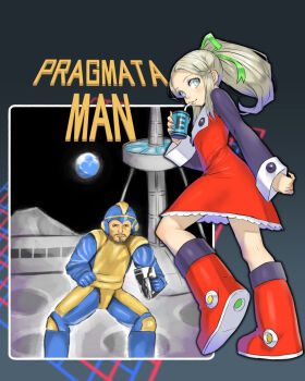 1boy 1girl android armored_boots black_background black_sleeves blonde_hair blue_bodysuit blue_eyes blue_helmet bodysuit boots capelet commentary_request cosplay derivative_work diana_(pragmata) dress drinking earth_(planet) energy_tank from_side green_ribbon helmet holding holding_weapon hugh_williams knee_boots light_blush long_hair long_sleeves looking_back mechanical_boots mega_man_(character) mega_man_(character)_(cosplay) mega_man_(series) multicolored_bodysuit official_alternate_costume petticoat planet ponytail pragmata red_dress ribbon roll_(mega_man) roll_(mega_man)_(cosplay) short_dress sidelocks two-tone_bodysuit two-tone_helmet walking weapon yellow_eyes zanpan526