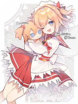 1girl absurdres blue_eyes commission doll fairy_wings fumo_(doll) highres holding holding_doll long_sleeves looking_at_viewer one_eye_closed orange_hair puffy_long_sleeves puffy_sleeves red_skirt shirt skirt smile solo sunny_milk touhou two_side_up watermark white_shirt wings yinco