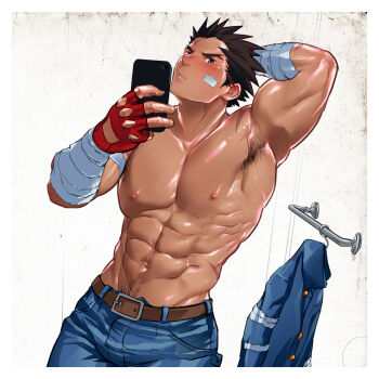 Rule 34 | 1boy, abs, arm behind head, armpits, artisticjinsky, bad id, bad pixiv id, bandages, bara, black hair, blush, body hair, cowboy shot, fingerless gloves, flexing, gloves, highres, ichimonji batsu, justice gakuen, large pectorals, looking at viewer, male focus, muscular, nipples, pants, pectorals, phone, photo (medium), scar, simple background, solo, taiyou gakuen uniform, topless male, upper body