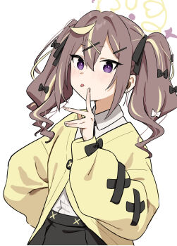 1girl black_bow black_ribbon black_skirt blonde_hair blue_archive blush bow brown_hair cardigan collared_shirt hair_between_eyes hair_bow hair_ornament hair_ribbon hairclip halo highres jacket long_hair long_sleeves looking_at_viewer multicolored_hair puffy_long_sleeves puffy_sleeves purple_eyes rena_(blue_archive) ribbon shirt simple_background skirt solo streaked_hair tongue tongue_out twintails upper_body white_background white_shirt x_hair_ornament yamada_seimei yellow_cardigan yellow_jacket