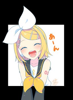 1girl ^_^ absurdres bare_shoulders black_sailor_collar black_sleeves blonde_hair bow closed_eyes detached_sleeves framed hair_bow hair_ornament hairclip head_tilt headphones headset highres kagamine_rin neckerchief noa_(retsuhim6927) number_tattoo open_mouth sailor_collar shirt short_hair shoulder_tattoo signature sleeveless sleeveless_shirt smile solo swept_bangs tattoo treble_clef upper_body vocaloid white_bow white_shirt yellow_neckerchief