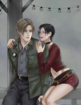 Rule 34 | 1boy, 1girl, ada wong, animal print, belt, black belt, black choker, black hair, blonde hair, chain, choker, collared jacket, commentary, corrupted twitter file, cosplay, cowboy shot, english commentary, fog, green eyes, green jacket, grey pants, hair between eyes, henoopd, highres, hug, hug from behind, jacket, james sunderland, james sunderland (cosplay), lamp, leon s. kennedy, leopard print, lips, long sleeves, looking at another, looking to the side, maria (silent hill), maria (silent hill) (cosplay), midriff, navel, nose, on railing, open clothes, open jacket, outdoors, pants, parted lips, pink nails, print skirt, purple eyes, railing, red lips, red shirt, red skirt, resident evil, shirt, short hair, silent hill (series), silent hill 2, sitting, skirt, smile