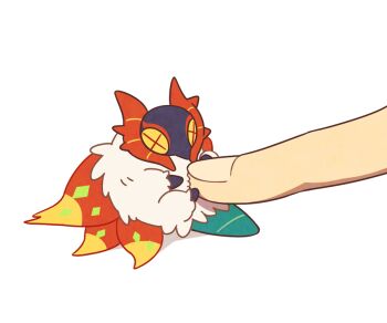 +_+ 1other commentary fingernails holding horns nintendo pokemon pokemon_(creature) poking simple_background slither_wing ssalbulre white_background white_fur yellow_eyes