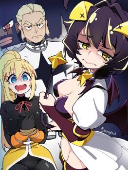 +_+ 2boys 2girls absurdres afro bat_wings black_background black_hair black_skin blonde_hair blue_eyes bodysuit bongftah bound bound_arms breasts colored_skin commentary_request crossover darkness_(konosuba) demon_horns drooling earrings furrowed_brow gamagoori_ira garterbelt_(psg) grimace hair_ornament highres hiiragi_utena horns jewelry kill_la_kill kono_subarashii_sekai_ni_shukufuku_wo! large_breasts long_hair magia_baiser magical_girl mahou_shoujo_ni_akogarete medium_hair mouth_drool multiple_boys multiple_crossover multiple_girls orange_eyes panty_&amp;_stocking_with_garterbelt pasties ponytail purple_hair shaded_face star_(symbol) star_pasties sweat thick_eyebrows trait_connection wavy_mouth whip wings yellow_eyes