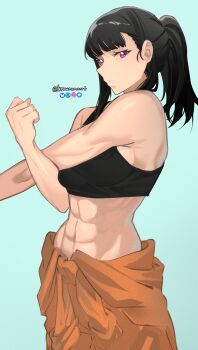 1girl abs absurdres bare_shoulders black_hair black_shirt blue_background bluesky_logo commentary crop_top en'en_no_shouboutai english_commentary exercising highres instagram_logo knowname looking_at_viewer maki_oze midriff muscular muscular_female navel orange_overalls overalls pixiv_logo ponytail purple_eyes shirt simple_background solo twitter_logo twitter_username