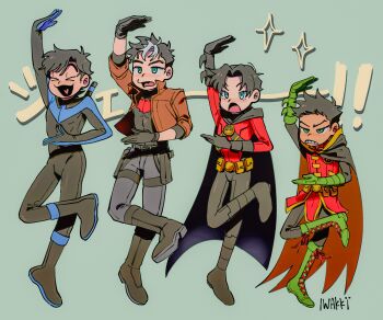 4boys absurdres batman_(series) black_bodysuit black_hair bodysuit brothers child commentary damian_wayne dancing dc_comics dick_grayson english_commentary family gloves highres iwakki jason_todd male_focus multicolored_bodysuit multiple_boys nightwing osomatsu-kun osomatsu-san osomatsu_(series) pose_imitation red_bodysuit robin_(dc) siblings skin_tight smile superhero_costume tim_drake