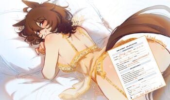 1girl :d absurdres agnes_tachyon_(umamusume) animal_ears animal_print artist_name ass back bra breasts brown_hair calamity_brezze censored commentary english_commentary english_text garter_belt grin hair_between_eyes highres horse_ears horse_girl horse_tail job_application_form_(meme) leopard_print lingerie looking_at_viewer looking_back lying median_furrow medium_breasts medium_hair meme novelty_censor on_stomach open_mouth pillow red_eyes sideboob smile solo tail umamusume underwear yellow_bra