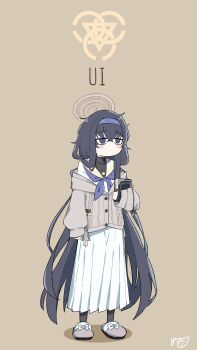1girl black_hair blue_archive blue_eyes book brown_background brown_jacket halo headband highres holding holding_book jacket jewelry long_hair long_skirt long_sleeves looking_at_viewer necklace ribbon shirt simple_background skirt slippers ui_(blue_archive) white_shirt yuindesu