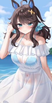 1girl absurdres ahoge animal_ears bare_shoulders beach bikini bikini_under_clothes black_hair blue_bikini blue_eyes blue_sky blush breasts closed_mouth cloud cloudy_sky collarbone commission daring_tact_(umamusume) day dress frilled_dress frills hair_ornament highres horse_ears horse_girl horse_tail large_breasts long_hair looking_at_viewer off-shoulder_dress off_shoulder outdoors pixiv_commission rynzfrancis see-through_clothes see-through_dress sky solo sundress swimsuit tail umamusume white_dress