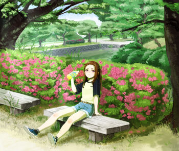 1girl arm_support bench black_socks brown_hair bush commentary_request day grass highres idolmaster idolmaster_cinderella_girls koseki_reina long_hair looking_at_viewer outdoors pon_(ponymmtknsk) purple_eyes raglan_sleeves shoes shorts sitting sneakers socks solo