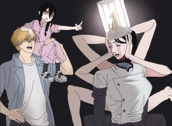 1boy 2girls aze_chainsawman black_hair blonde_hair blood blood_drip blood_from_mouth bloody_tears braid chainsaw_man chef chef_hat dress extra_arms falling_devil_(chainsaw_man) flat_top_chef_hat grey_shirt hair_between_eyes hat highres holding_detached_head jacket long_hair mouse_(animal) multiple_girls nosebleed open_mouth pink_dress pointing ringed_eyes severed_head shirt short_hair white_jacket white_shirt yellow_eyes