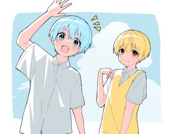 2boys arm_up blonde_hair blue_eyes blue_hair blue_sky border closed_mouth cloud colon_(stpri) hair_between_eyes hand_up highres kai_(shell) looking_at_viewer male_focus multiple_boys open_mouth orange_eyes root_(stpri) shirt short_hair short_sleeves sky smile strawberry_prince sweater_vest upper_body waving white_border white_shirt yellow_sweater_vest