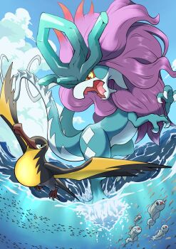 >_< absurdres animal_focus beak big_hair bird blue_sky claws cloud colored_sclera commentary_request eel fish gen_5_pokemon grey_eyes highres kilowattrel mane nintendo no_humans open_mouth pokemon pokemon_(creature) purple_hair q-chan red_eyes sharp_teeth sky solid_oval_eyes tail talons teeth tynamo underwater walking_wake wings yellow_sclera
