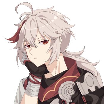 1boy ahoge armor bandaged_hand bandages cahangonn closed_mouth commentary genshin_impact head_rest highres japanese_armor kaedehara_kazuha looking_at_viewer male_focus medium_hair orange_eyes ponytail portrait red_hair red_scarf scarf shoulder_armor simple_background sode solo white_background white_hair