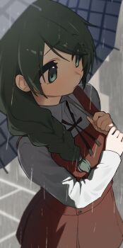 1girl absurdres black_hair blue_eyes braid closed_mouth collared_dress commission dress eyes_visible_through_hair fujinari hair_over_shoulder hidamari_sketch highres holding holding_umbrella long_sleeves natsume_(hidamari_sketch) rain red_skirt shirt single_braid skirt skirt_set solo umbrella vgen_commission white_shirt