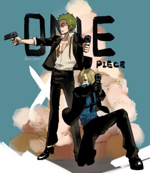 Rule 34 | 2boys, absurdres, black shoes, black suit, blonde hair, blue shirt, collared shirt, commentary, copyright name, curly eyebrows, earrings, formal clothes, green hair, gun, hashtag-only commentary, highres, holding, holding gun, holding weapon, jewelry, male focus, mrjieshisu, multiple boys, on one knee, one piece, roronoa zoro, sanji (one piece), shirt, shoes, short hair, sideburns, smoke, suit, symbol-only commentary, twitter username, weapon, white shirt