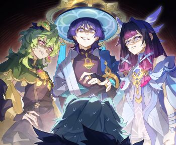 2boys 2girls angry annoyed aqua_hair arm_at_side armlet armor black_bodysuit black_bridal_gauntlets black_dress black_sleeves black_thighhighs blue_cape blue_gem blue_hat blue_kimono blue_sleeves blunt_bangs blunt_ends bodysuit bow bra bridal_gauntlets bright_pupils brooch cape capelet clenched_hand clenched_teeth closed_mouth collei_(genshin_impact) columbina_(genshin_impact) covered_collarbone detached_sleeves dottore_(genshin_impact) dress earrings evil_grin evil_smile eye_mask eyelashes fringe_trim frown fur_collar furrowed_brow gem genshin_impact gold gold_earrings gold_ring gold_trim green_capelet green_hair grey_trim grin hair_between_eyes hair_intakes hair_ribbon hair_tubes hand_on_own_hip hat head_wings highres holding_own_wrist imminent_attack imminent_death japanese_armor japanese_clothes jewelry jingasa juban kimono kote kurokote layered_sleeves long_hair looking_at_another mandarin_collar mask middle_ring multiple_boys multiple_girls multiple_wings open_clothes open_kimono pink_eyes puffy_sleeves purple_eyes purple_hair purple_rope ribbon rope scaramouche_(genshin_impact) see-through_clothes see-through_mask short_hair short_sleeves shoulder_peek simple_background smile teeth thighhighs tress_ribbon tsurime underwear veiny_face very_long_hair vision_(genshin_impact) viviwi wanderer_(genshin_impact) white_bow white_bra white_dress white_kimono white_mask white_pupils white_ribbon white_sleeves white_wings wings wispy_bangs wrist_bow