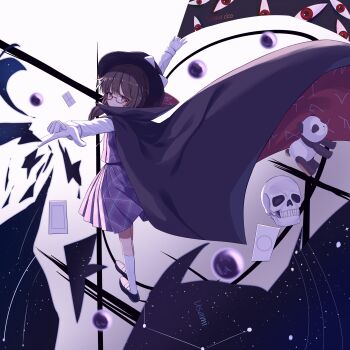 16sanrach 1girl absurdres black_cape brown_hair cape character_name chinese_commentary commentary_request full_body gap_(touhou) glasses gloves hat highres long_sleeves looking_at_viewer occult_ball outstretched_arms partial_commentary plaid_clothes plaid_skirt pleated_skirt purple_skirt purple_vest red-framed_eyewear red_cape semi-rimless_eyewear shirt shoes skirt skull smile socks solo spread_arms stuffed_animal stuffed_panda stuffed_toy touhou two-sided_cape two-sided_fabric under-rim_eyewear usami_sumireko vest white_gloves white_shirt white_socks zener_card