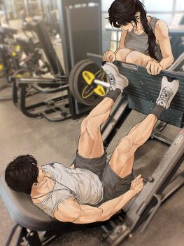 1boy 1girl bare_shoulders breasts brown_hair caleb_(love_and_deepspace) cleavage dog_tags exercising full_body grey_shorts grey_socks grey_tank_top gym gym_equipment hair_over_shoulder highres leg_press_machine long_hair looking_at_another love_and_deepspace medium_breasts meomo0613 muscular muscular_male parted_bangs protagonist_(love_and_deepspace) shoes short_hair shorts sneakers socks tank_top white_shoes white_tank_top