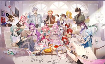 4boys 6+girls aglaea_(honkai:_star_rail) alternate_costume anaxa_(honkai:_star_rail) animal_ears aqua_hair blonde_hair caelus_(honkai:_star_rail) castorice_(honkai:_star_rail) cat_ears cat_girl cat_tail cerydra_(honkai:_star_rail) chrysos_heirs_(honkai:_star_rail) cipher_(honkai:_star_rail) closed_eyes closed_mouth commentary couch cyrene_(honkai:_star_rail) dan_heng_(honkai:_star_rail) dan_heng_(permansor_terrae)_(honkai:_star_rail) english_commentary evernight_(honkai:_star_rail) food gradient_hair grey_hair highres honkai:_star_rail honkai_(series) hyacine_(honkai:_star_rail) hysilens_(honkai:_star_rail) indoors long_hair looking_at_another march_7th_(honkai:_star_rail) mem_(honkai:_star_rail) multicolored_hair multiple_boys multiple_girls mydei_(honkai:_star_rail) on_couch one_eye_closed open_mouth phainon_(honkai:_star_rail) pink_hair purple_hair red_hair second-party_source short_hair smile stelle_(honkai:_star_rail) tail trailblazer_(honkai:_star_rail) trianne_(honkai:_star_rail) tribbie_(honkai:_star_rail) trinnon_(honkai:_star_rail) twintails very_long_hair xiniu_kuangben_bawanli