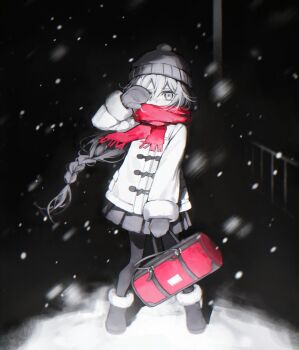Rule 34 | 1girl, absurdres, bag, beanie, boots, braid, coat, duffel coat, full body, fur-trimmed boots, fur trim, hand up, hashtag-only commentary, hat, highres, holding, holding bag, ia (vocaloid), long hair, looking at viewer, miniskirt, mittens, monochrome, oharalove11, outdoors, pantyhose, pleated skirt, red scarf, scarf, skirt, snowing, solo, spot color, spotlight, standing, vocaloid