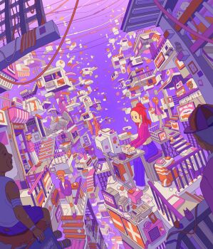 1girl 6+boys absurdly_detailed_composition absurdres closed_mouth complex_exterior computer computer_keyboard crop_top dark-skinned_male dark_skin denim hebitsukai highres jeans long_sleeves medium_hair monitor multiple_boys original outdoors pants railing red_hair stairs sweater