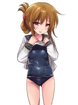 Rule 34 | 1girl, black one-piece swimsuit, blue sailor collar, blush, breasts, brown eyes, brown hair, commentary request, covered navel, cowboy shot, folded ponytail, hair between eyes, hair ornament, highres, hirune (konekonelkk), ikazuchi (kancolle), kantai collection, long hair, long sleeves, looking at viewer, neckerchief, old school swimsuit, one-piece swimsuit, open mouth, sailor collar, sailor shirt, school swimsuit, school uniform, serafuku, serasuku, shirt, solo, swimsuit, swimsuit under clothes, white background