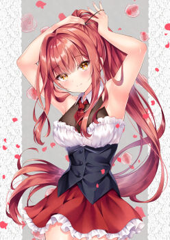 Rule 34 | 1girl, armpits, arms up, bare arms, black corset, black leotard, blunt bangs, blush, borrowed character, breasts, brown eyes, closed mouth, commission, corset, cowboy shot, eyelashes, eyes visible through hair, falling petals, floating hair, frilled skirt, frills, grey background, hair intakes, hair over shoulder, hair tie, hairdressing, holding, holding hair tie, large breasts, leotard, long hair, looking at viewer, necktie, nogi takayoshi, original, petals, ponytail, red hair, red necktie, red skirt, rose petals, short necktie, sidelocks, simple background, skeb commission, skirt, smile, solo, split mouth, tsurime, very long hair