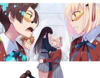 4girls black_hair blonde_hair blue_dress blue_eyes blue_ribbon blush brown_hair brown_shoes chai_haru chisato_carrying_takina_(lycoris_recoil) commentary_request dress hair_ribbon hand_on_another&#039;s_shoulder inoue_takina looking_at_another lycoris_recoil multiple_girls neck_ribbon nishikigi_chisato open_mouth orange_hair parted_lips red_dress red_eyes red_ribbon ribbon safety_glasses shoes short_hair smile undercut yuri