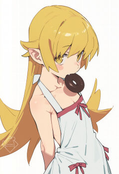 absurdres apron bakemonogatari blonde_hair blush fang flat_chest highres loli long_hair monogatari_(series) off_shoulder oshino_shinobu pointy_ears simple_background solo upturned_eyes white_background worldsaboten