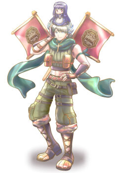 Rule 34 | 1boy, alice (ragnarok online), belt, belt pouch, black boots, boots, brown belt, brown gloves, character doll, closed mouth, commentary request, crop top, doll, doll on head, fingerless gloves, flag, full body, gloves, green eyes, green pants, green scarf, green shirt, grey hair, looking at viewer, male focus, midriff, pants, philippa, pouch, ragnarok online, ranger (ragnarok online), scarf, shirt, short hair, simple background, sleeveless, sleeveless shirt, smile, solo, white background