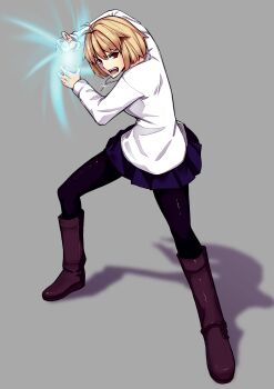 1girl absurdres ahoge angry arcueid_brunestud arms_up artist_request black_pantyhose blonde_hair blue_skirt boots brown_boots buckle_boot energy_ball fangs fighting_game fighting_stance fingernails grey_background hadouken hair_intakes highres imminent_attack jewelry looking_at_viewer miniskirt necklace open_mouth pantyhose red_eyes sharp_fingernails short_hair skirt source_request street_fighter sweater tsukihime tsukihime_(remake) turtleneck turtleneck_sweater white_sweater