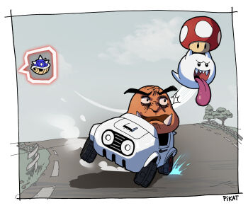 ^^^ blue_shell_(mario) boo_(mario) d: driving english_text gameplay_mechanics goomba grey_sky highres mario_(series) mario_kart mario_kart_world nintendo no_humans open_mouth outdoors pikat road sky super_mushroom surprised