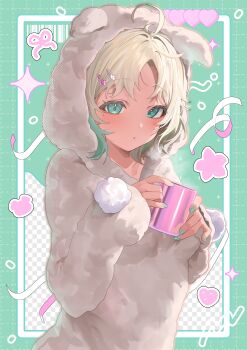 1girl absurdres ahoge animal_costume animal_ear_fluff animal_ears artist_request blonde_hair blush commentary_request cowboy_shot cup dog_costume dog_ears dog_girl fake_animal_ears fingernails green_background green_eyes green_nails green_streaks hair_ornament hairclip heart highres holding holding_cup indie_virtual_youtuber inset_border long_sleeves looking_at_viewer mole mole_under_eye mona_meria mug multicolored_hair nail_polish onesie parallel_hairclips parted_bangs parted_lips pom_pom_(clothes) second-party_source short_hair solo streaked_hair virtual_youtuber