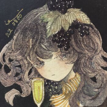 1girl acrylic_paint_(medium) brown_hair champagne_flute commentary_request cup drinking_glass expressionless food fruit grapes hair_ornament high_collar highres karintoun looking_down original painting_(medium) portrait signature simple_background traditional_media watercolor_(medium) wavy_hair