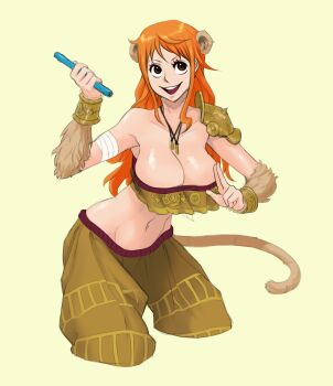 absurdres breasts cosplay highres midriff monkey nami_(one_piece) one_piece red_hair resident_drawfriend smile sun_wukong_(cosplay) tail