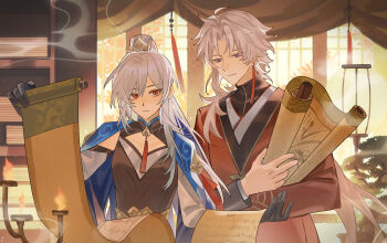 1boy absurdres arm_up black_gloves blade_(honkai:_star_rail) center_opening chinese_clothes chinese_commentary closed_mouth collarbone couple detached_sleeves gloves green_eyes grey_hair hair_between_eyes hair_over_shoulder head_tilt high_ponytail highres holding holding_scroll honkai:_star_rail honkai_(series) indoors jingliu_(honkai:_star_rail) leaning_to_the_side long_hair long_sleeves looking_down looking_to_the_side ponytail red_eyes robe scroll smoke smoke_trail standing upper_body yanhuitangqian yingxing_(honkai:_star_rail)
