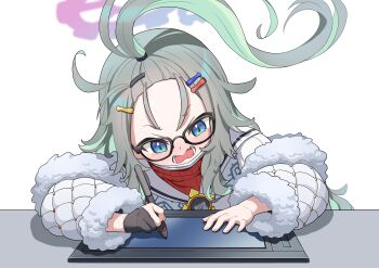 1girl absurdres ahoge aila_zuiaini artist_glove bangs_pinned_back black-framed_eyewear black_gloves blue_archive blue_eyes blue_halo blush chinese_commentary coat commentary_request drawing_(action) drawing_tablet fang forehead fur-trimmed_coat fur-trimmed_sleeves fur_trim glasses gloves gradient_halo green_hair hair_ornament hairclip halo high_side_ponytail highres holding holding_stylus huge_ahoge long_hair long_sleeves lower_teeth_only mask mask_around_neck meru_(blue_archive) multicolored_halo open_clothes open_coat open_mouth parallel_hairclips pink_halo red_sweater sailor_collar simple_background single_glove skin_fang solo stylus sweater tears teeth v-shaped_eyebrows wavy_mouth white_background white_coat white_mask white_sailor_collar