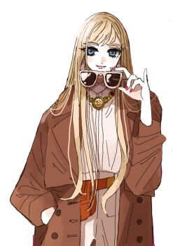 Rule 34 | 1girl, blonde hair, blue eyes, brown coat, closed mouth, coat, commentary request, cowboy shot, gigi andalusia, gold necklace, gundam, gundam hathaway's flash, hand in pocket, highres, holding, holding removed eyewear, jewelry, light blush, light smile, long coat, long hair, nail polish, necklace, pink lips, red nails, shirt, solo, straight hair, sunglasses, unworn eyewear, white background, white shirt, yasu urayaka