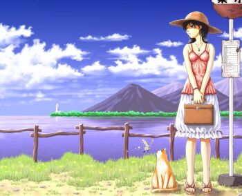 1girl bag black_eyes black_hair blue_sky brown_bag brown_sandals bug bus_stop bus_stop_sign butterfly camisole cat closed_mouth cloud commentary_request expressionless full_body grass hat holding holding_bag insect lighthouse looking_afar mountain ocean opencanvas_(medium) orange_cat original outdoors pink_camisole sandals school_bag skirt sky solo straw_hat tororo_(16763) water white_butterfly white_skirt