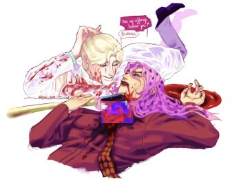 Rule 34 | 2boys, american psycho, axe, black lips, black nails, blonde hair, blood, blood from mouth, blood on clothes, blood on face, blood on hands, blue eyes, brown necktie, censored, closed eyes, commentary, corpse, diamond wa kudakenai, diavolo, dying, english commentary, english text, formal clothes, green eyes, green shirt, highres, jojo no kimyou na bouken, kira yoshikage, leomii quinn, long hair, lying, makeup, male focus, mosaic censoring, multiple boys, necktie, on stomach, orange necktie, pants, pink hair, polka dot necktie, pool of blood, purple pants, raincoat, red shirt, severed head, shirt, smile, spotted hair, vento aureo