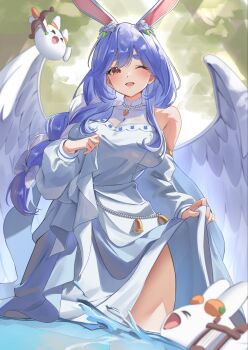 1girl ;d angel angel_wings animal_ears bead_necklace beads bell blue_hair blurry blush braid breasts carrot_necklace clothes_lift commentary_request depth_of_field detached_sleeves dress dress_lift feathered_wings flower hair_between_eyes hair_flower hair_ornament hair_over_shoulder halter_dress halterneck high_collar highres hikimayu hololive jewelry large_breasts long_dress long_hair long_sleeves low-braided_long_hair low-tied_long_hair multicolored_hair necklace official_alternate_costume one_eye_closed open_mouth orange_eyes pekomama pekomama_(angel) pekomon_(usada_pekora) pendora1022 rabbit_ears rabbit_girl see-through_cleavage see-through_clothes short_eyebrows sleeveless sleeveless_dress smile solo thick_eyebrows thigh_peek two-tone_hair virtual_youtuber wading white_dress white_hair wings